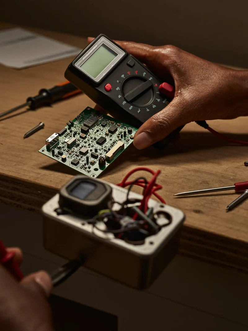 Mani con multimetro digitale sulla scheda elettronica di un piccolo apparecchio.
